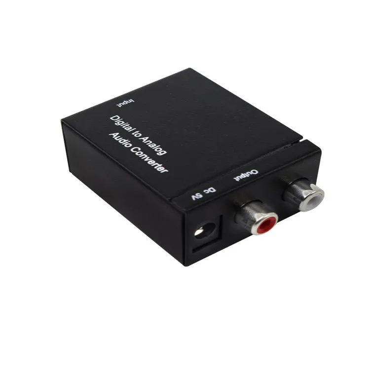 Black analog to digital audio converter with coaxial and optical inputs and RCA output for TV speaker