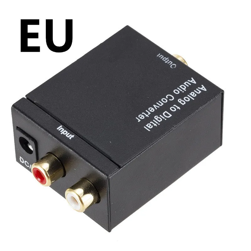 Black analog to digital audio converter with coaxial and optical inputs and RCA output for TV speaker