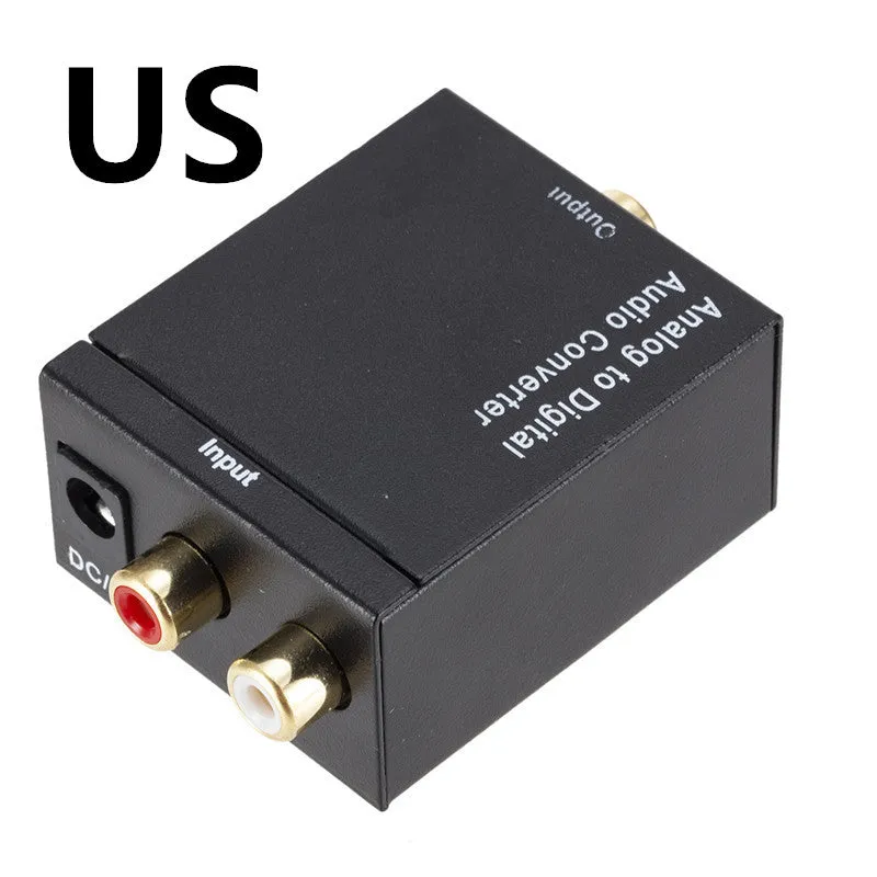 Black analog to digital audio converter with coaxial and optical inputs and RCA output for TV speaker