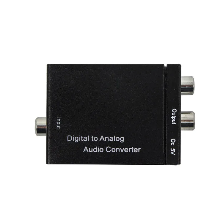 Black analog to digital audio converter with coaxial and optical inputs and RCA output for TV speaker