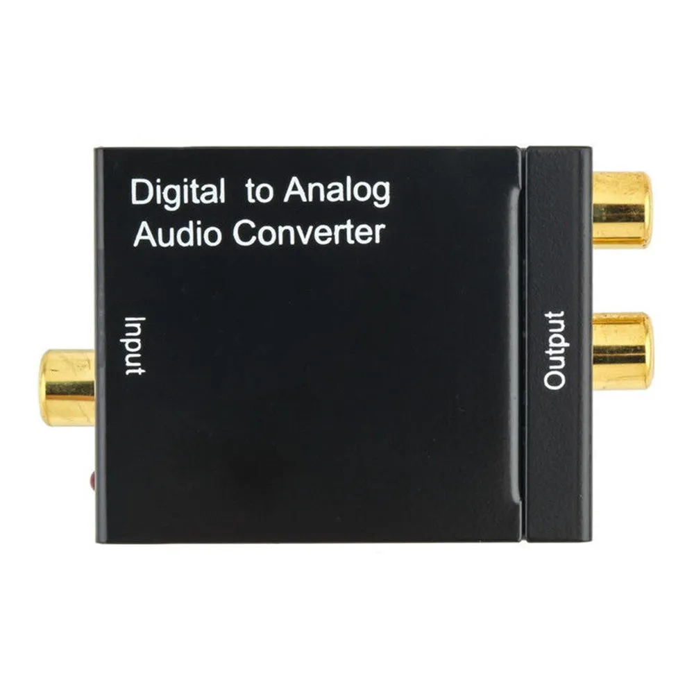 Black analog to digital audio converter with coaxial and optical inputs and RCA output for TV speaker