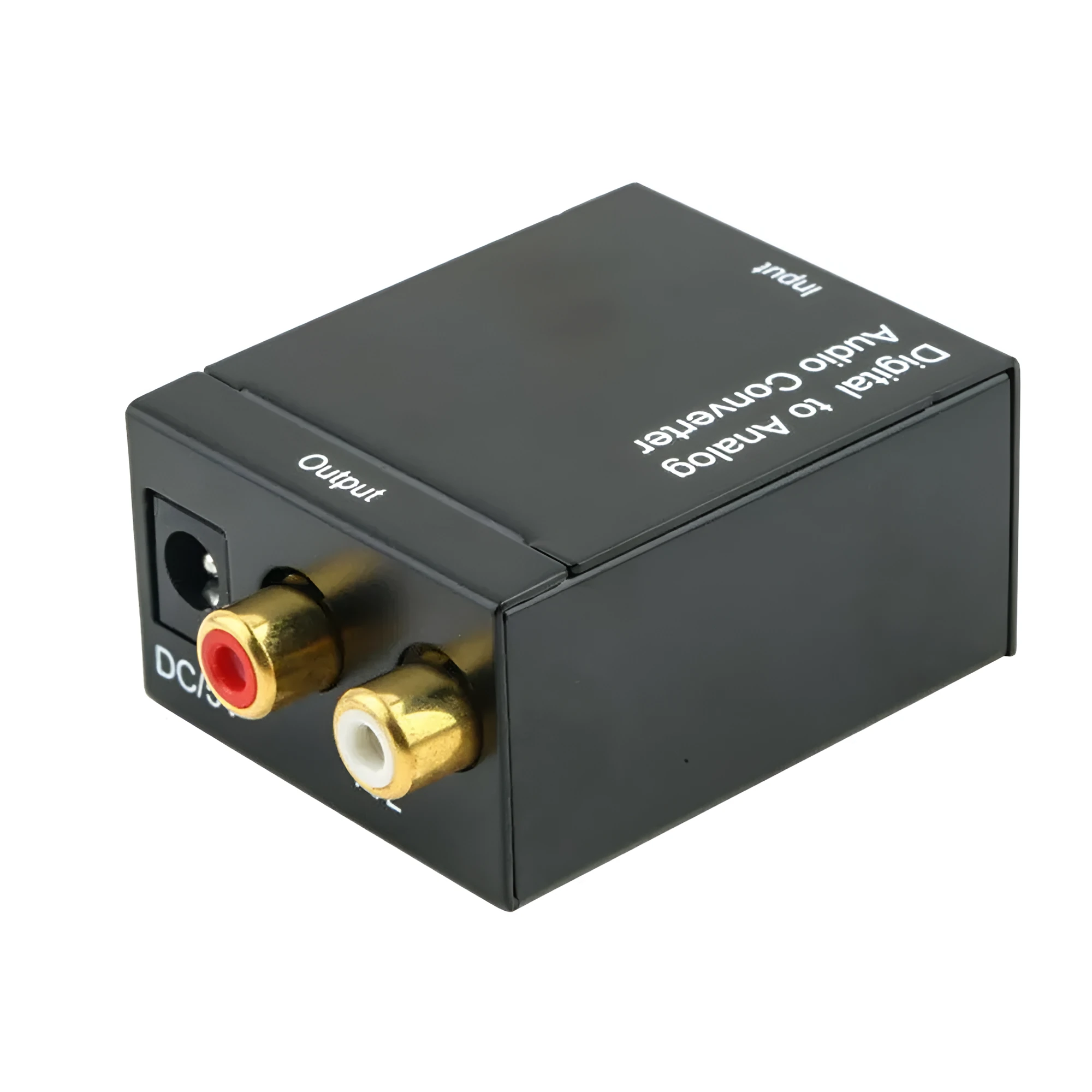 Black analog to digital audio converter with coaxial and optical inputs and RCA output for TV speaker