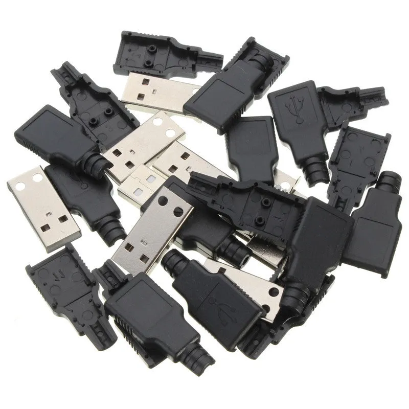 Pack of 10 black USB Type A male 4 pin plug connectors with silver contacts on white background