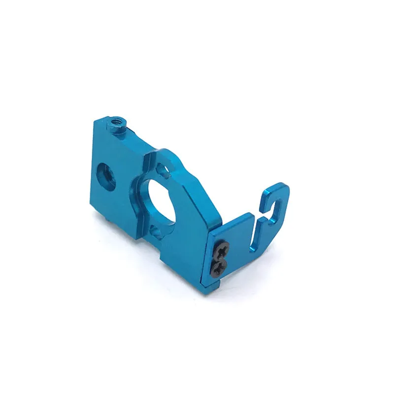 Metal motor holder for Weili 1/28 RC car in silver and blue on white background