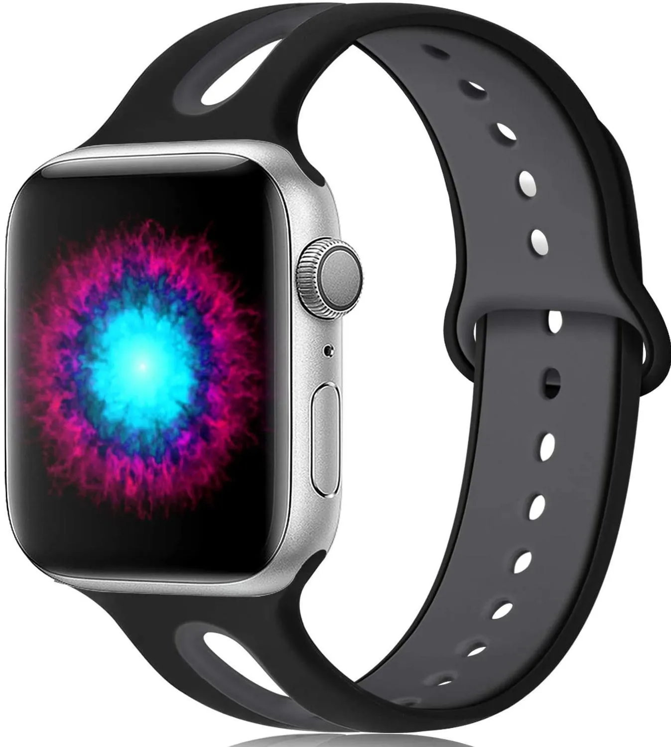 Apple Watch compatible silicone strap with 6-hole sport design in multiple colour options