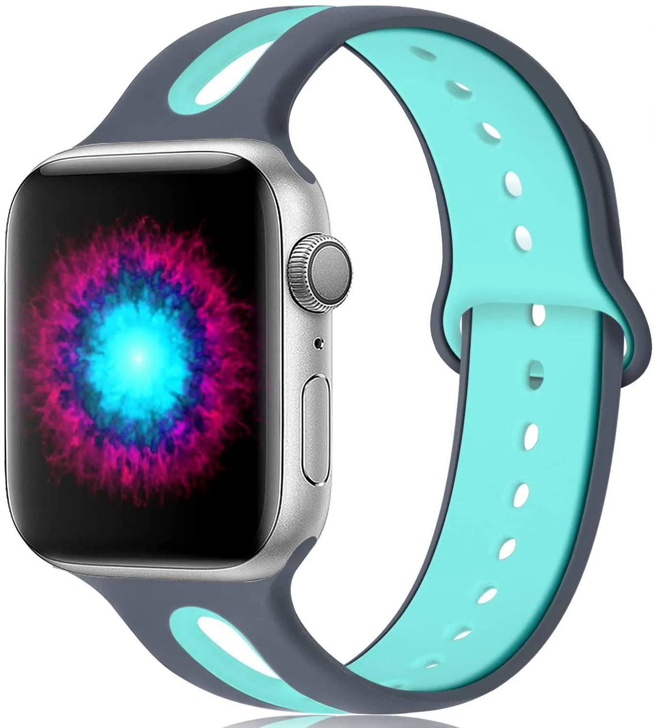 Apple Watch compatible silicone strap with 6-hole sport design in multiple colour options