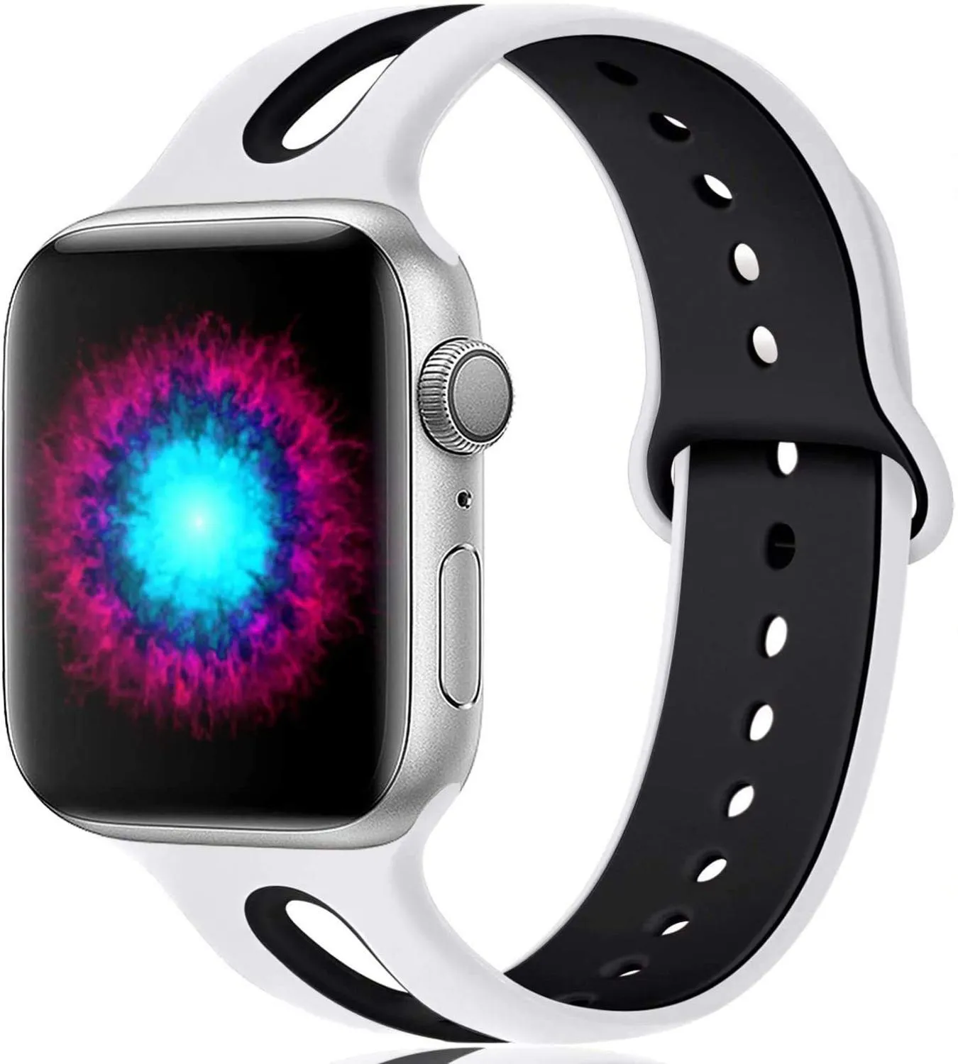 Apple Watch compatible silicone strap with 6-hole sport design in multiple colour options