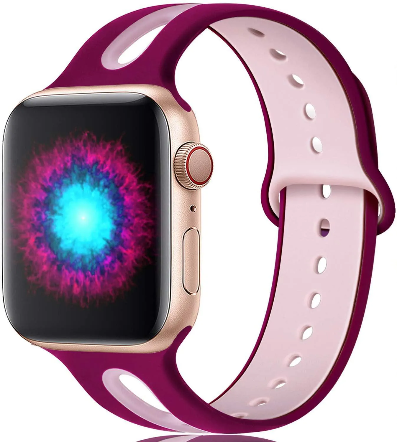Apple Watch compatible silicone strap with 6-hole sport design in multiple colour options