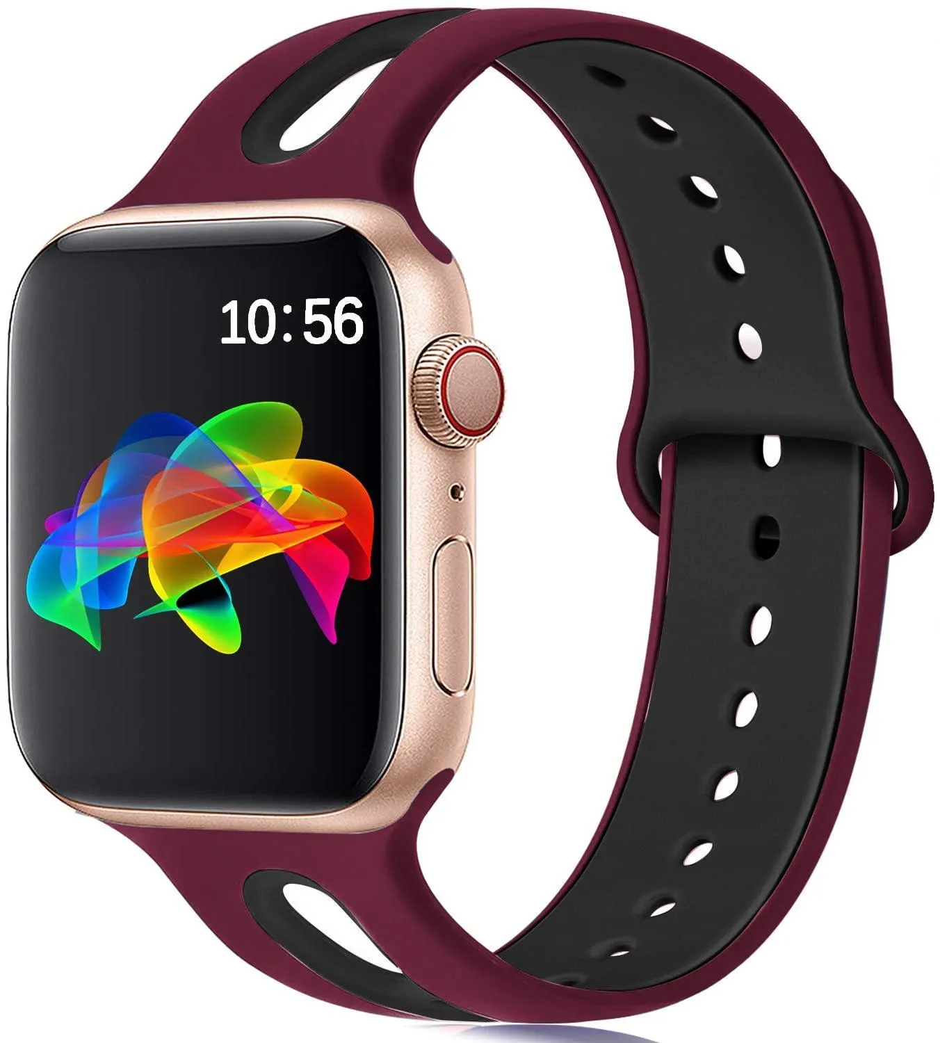 Apple Watch compatible silicone strap with 6-hole sport design in multiple colour options