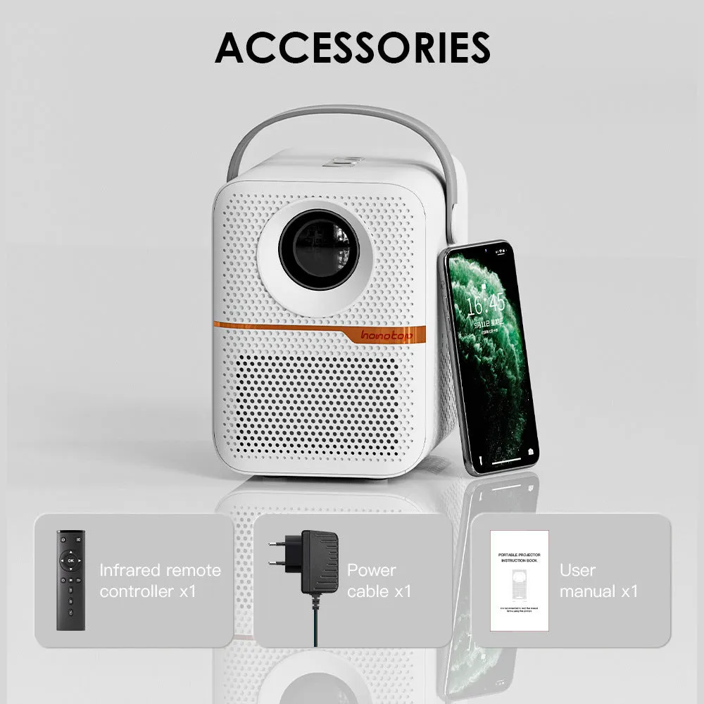 P10 portable Android projector in black or white with 720p resolution and 400 lumens brightness