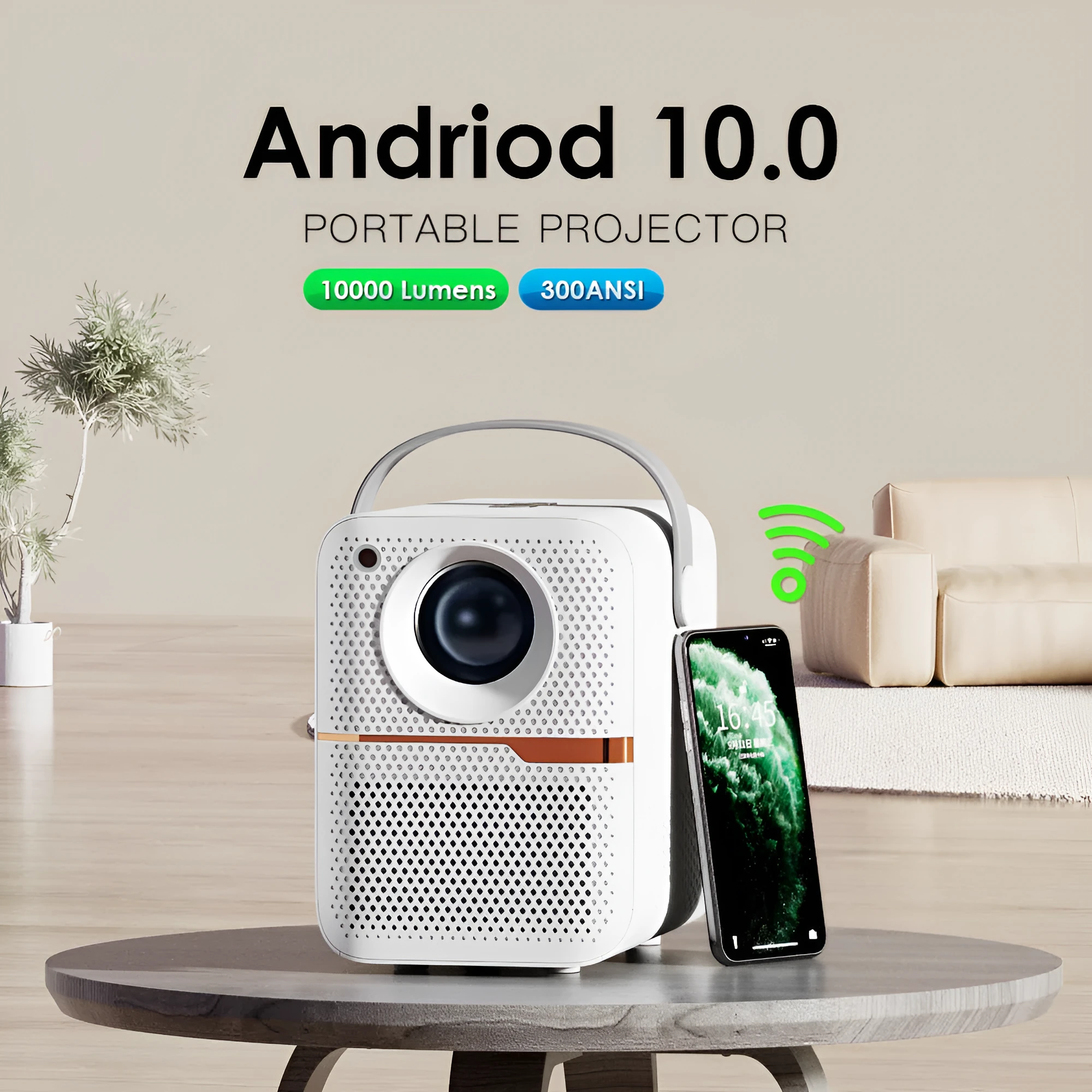 P10 portable Android projector in black or white with 720p resolution and 400 lumens brightness