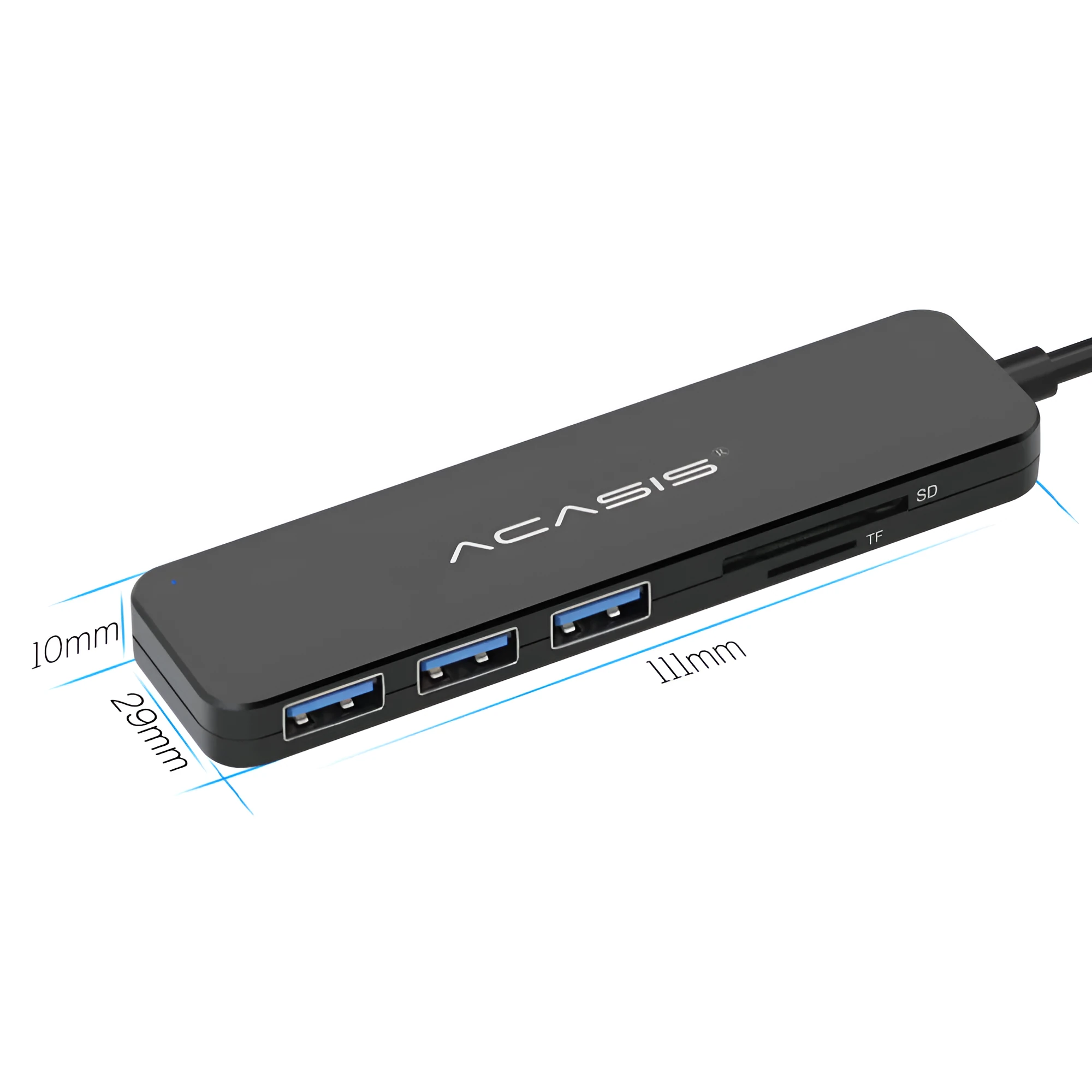 Black USB 2.0 and 3.0 hub card reader with 5 Gbps speed and 20cm cable