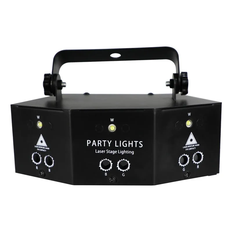 Nine eye laser strobe light unit with white light beads and red, green, blue laser projection.
