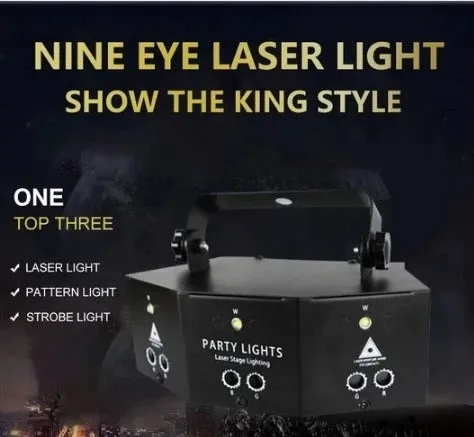 Nine eye laser strobe light unit with white light beads and red, green, blue laser projection.