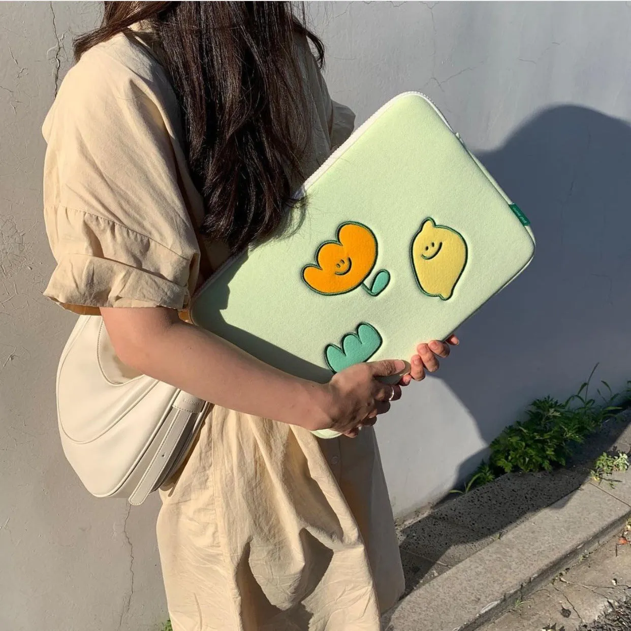 Niche design lemon embroidery flower cotton laptop bag in clutch style with zipper and soft handle