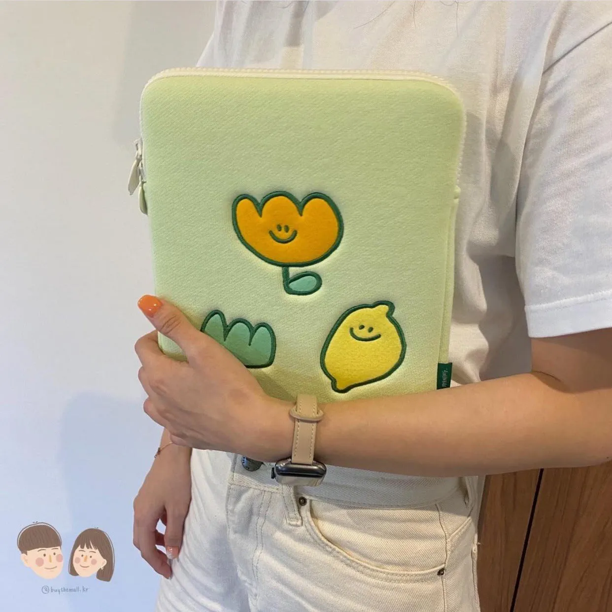 Niche design lemon embroidery flower cotton laptop bag in clutch style with zipper and soft handle