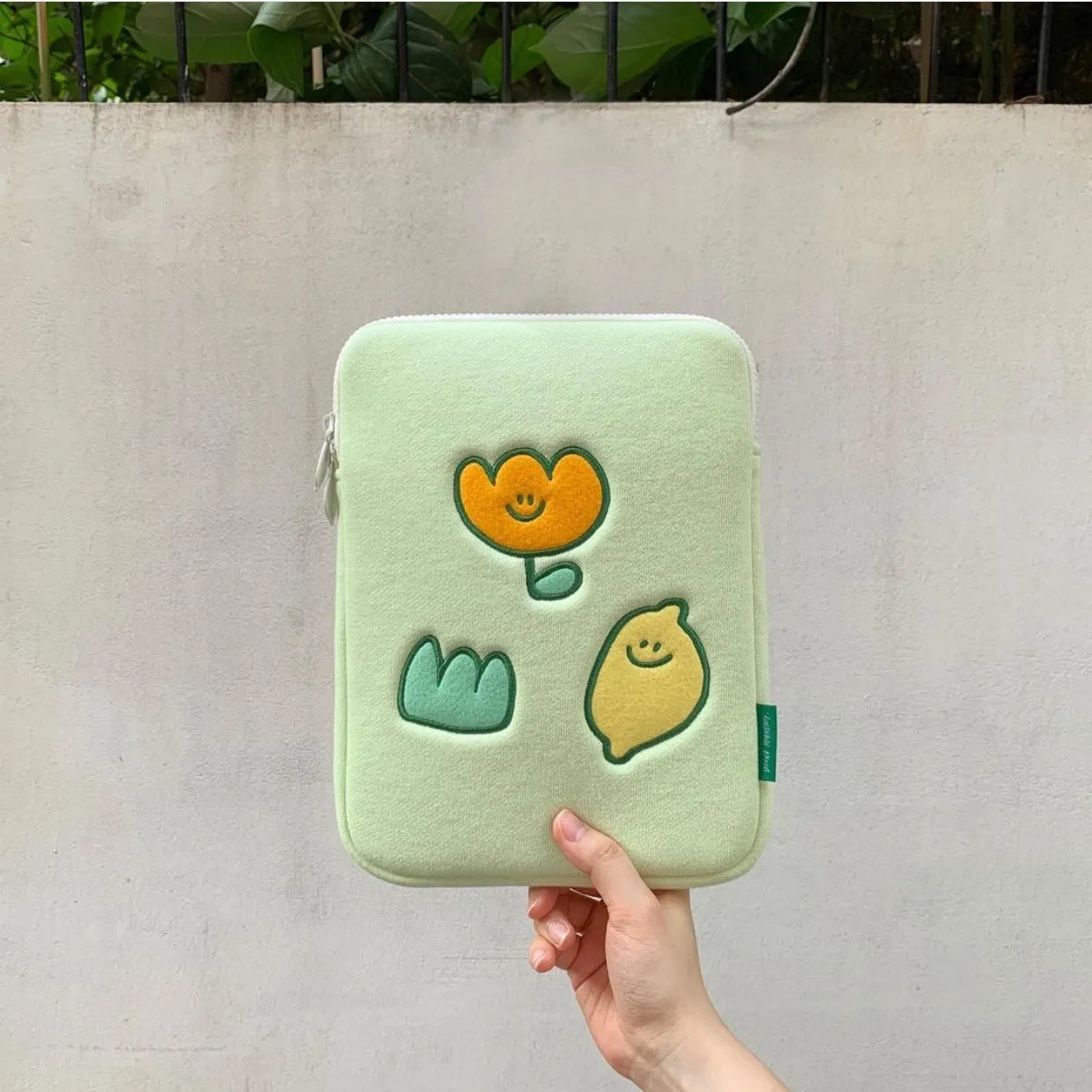 Niche design lemon embroidery flower cotton laptop bag in clutch style with zipper and soft handle