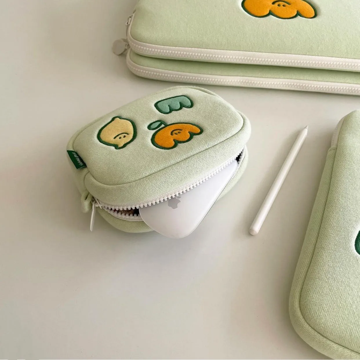 Niche design lemon embroidery flower cotton laptop bag in clutch style with zipper and soft handle
