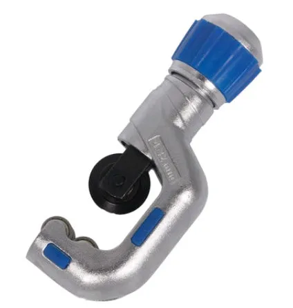 Stainless steel pipe cutter with single blade on a workbench, showing large size option for cutting copper pipes
