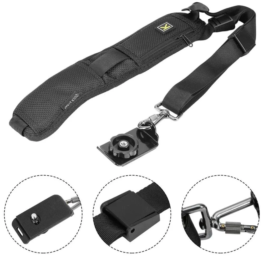 Black nylon single shoulder sling strap for DSLR camera with quick adjustment buckle and screw-in plate