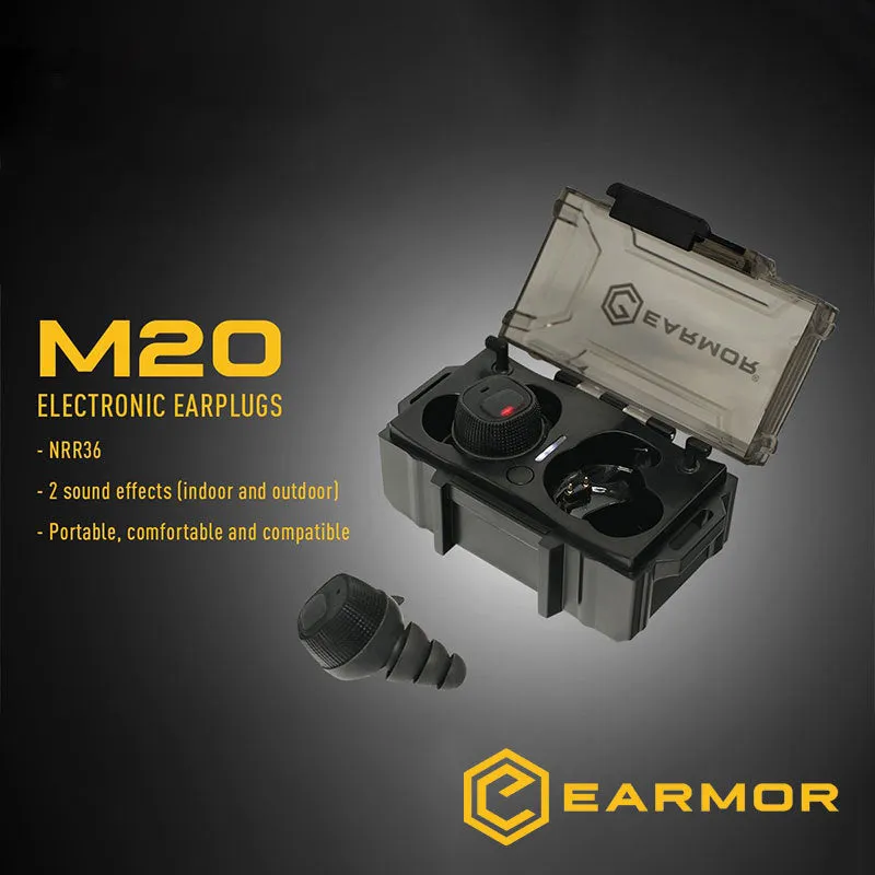 EARMOR M20 black electronic earplugs with charging case, silicone rope, and spare ear tips.