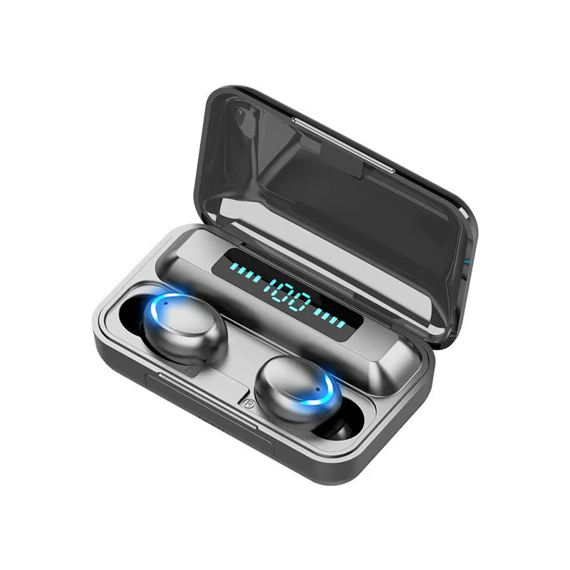 TWS F9-5C Bluetooth 5.0 digital display earbuds in black with charging case and battery indicator