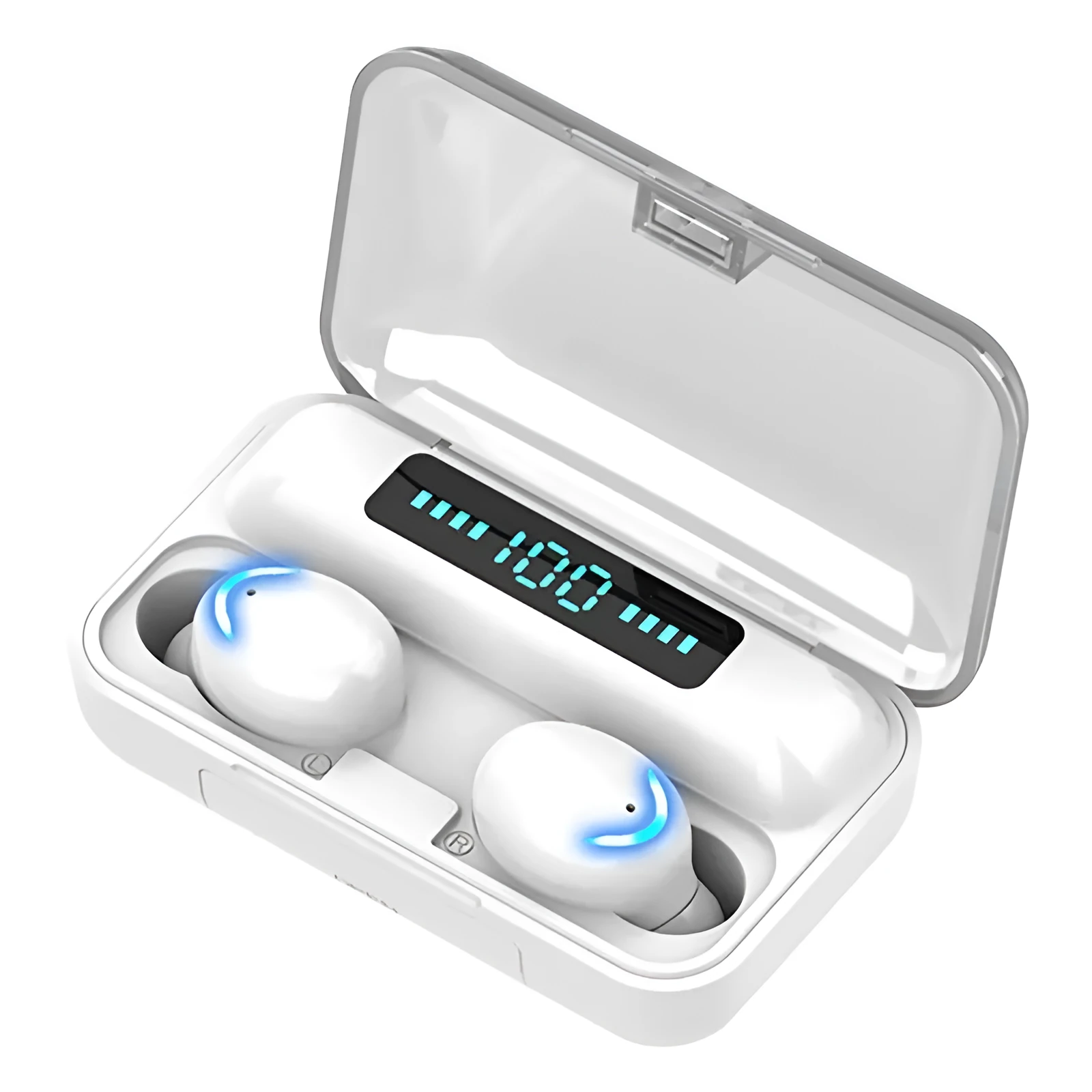 TWS F9-5C Bluetooth 5.0 digital display earbuds in black with charging case and battery indicator