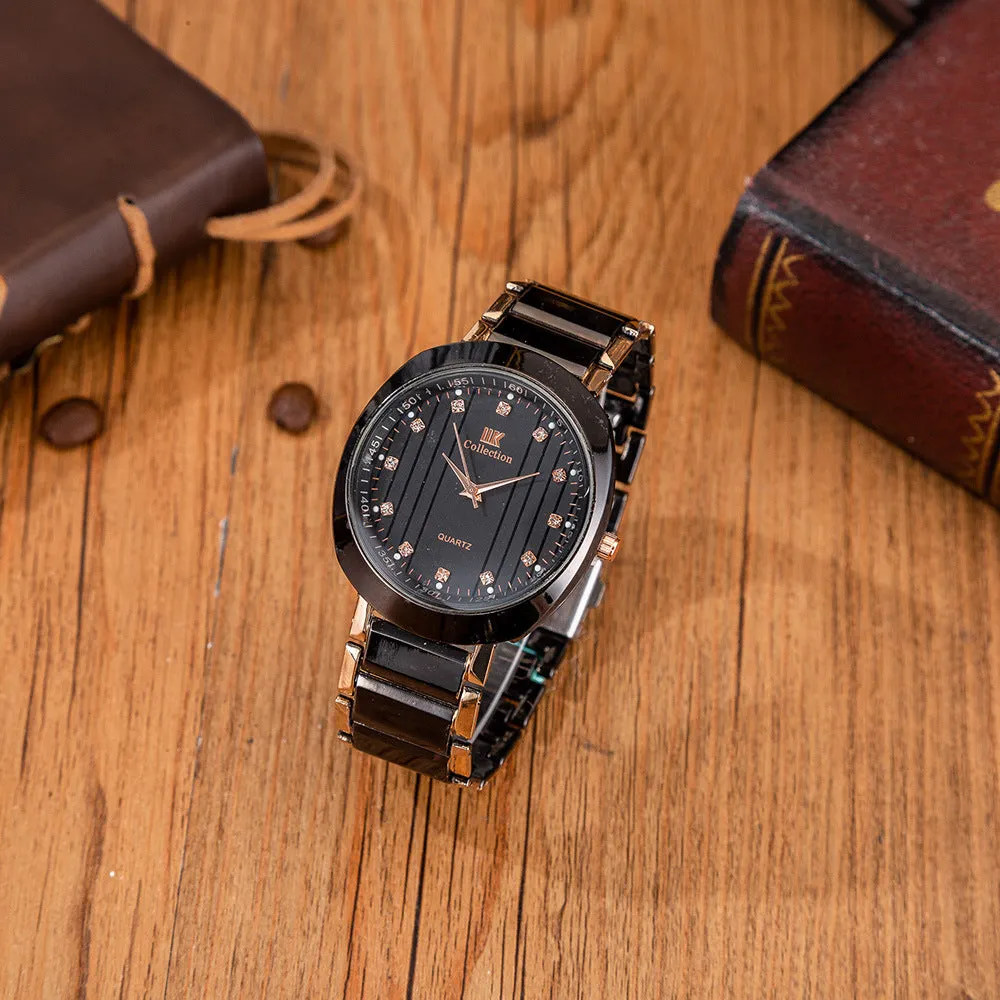 Men's steel band quartz watch black with chronograph pointer display on wrist