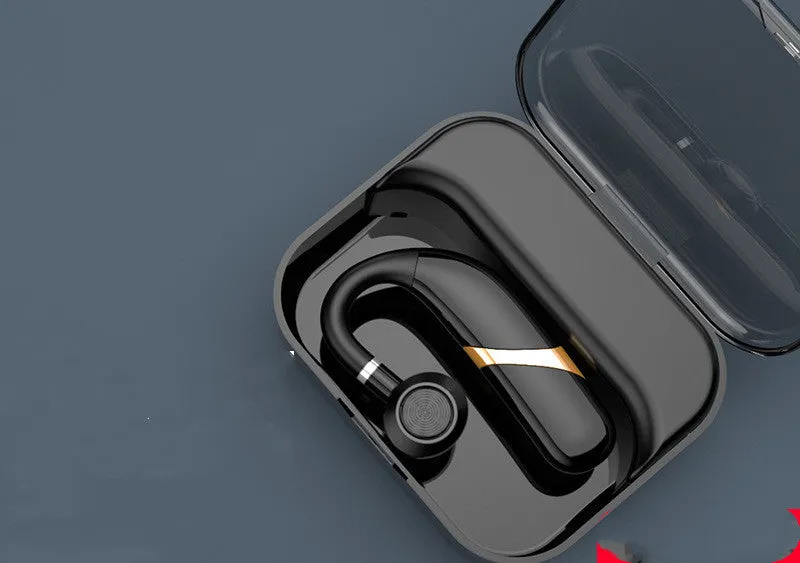 X9 model ear-hanging Bluetooth headset in black with charging compartment for hands-free calls