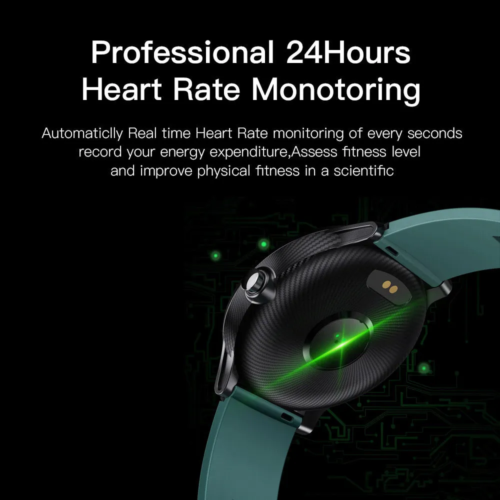Square green smart watch with touch screen displaying heart rate and multi-sport mode