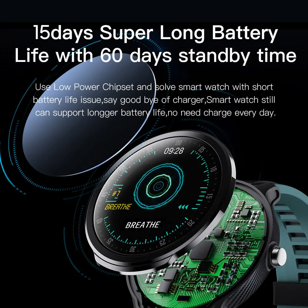 Square green smart watch with touch screen displaying heart rate and multi-sport mode