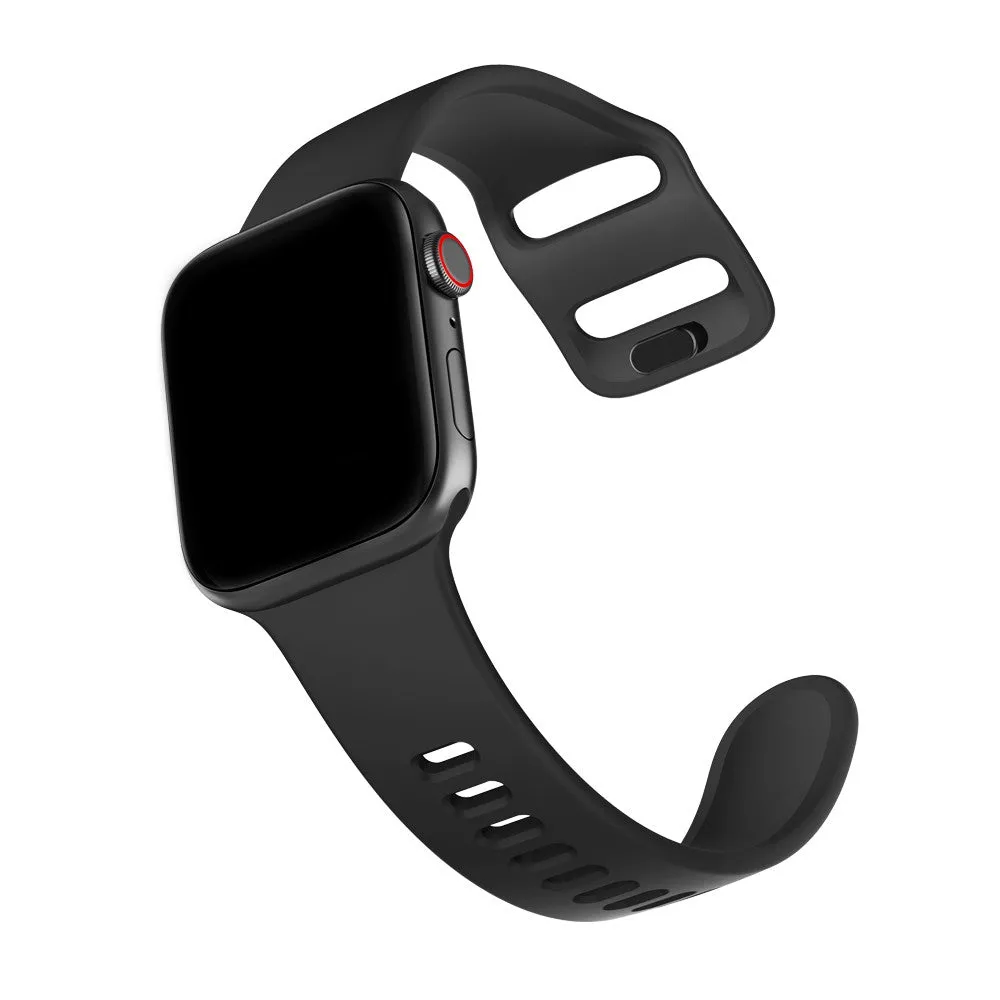 Liquid silicone Apple Watch strap in solid colour, compatible with 38mm to 44mm models, black band shown
