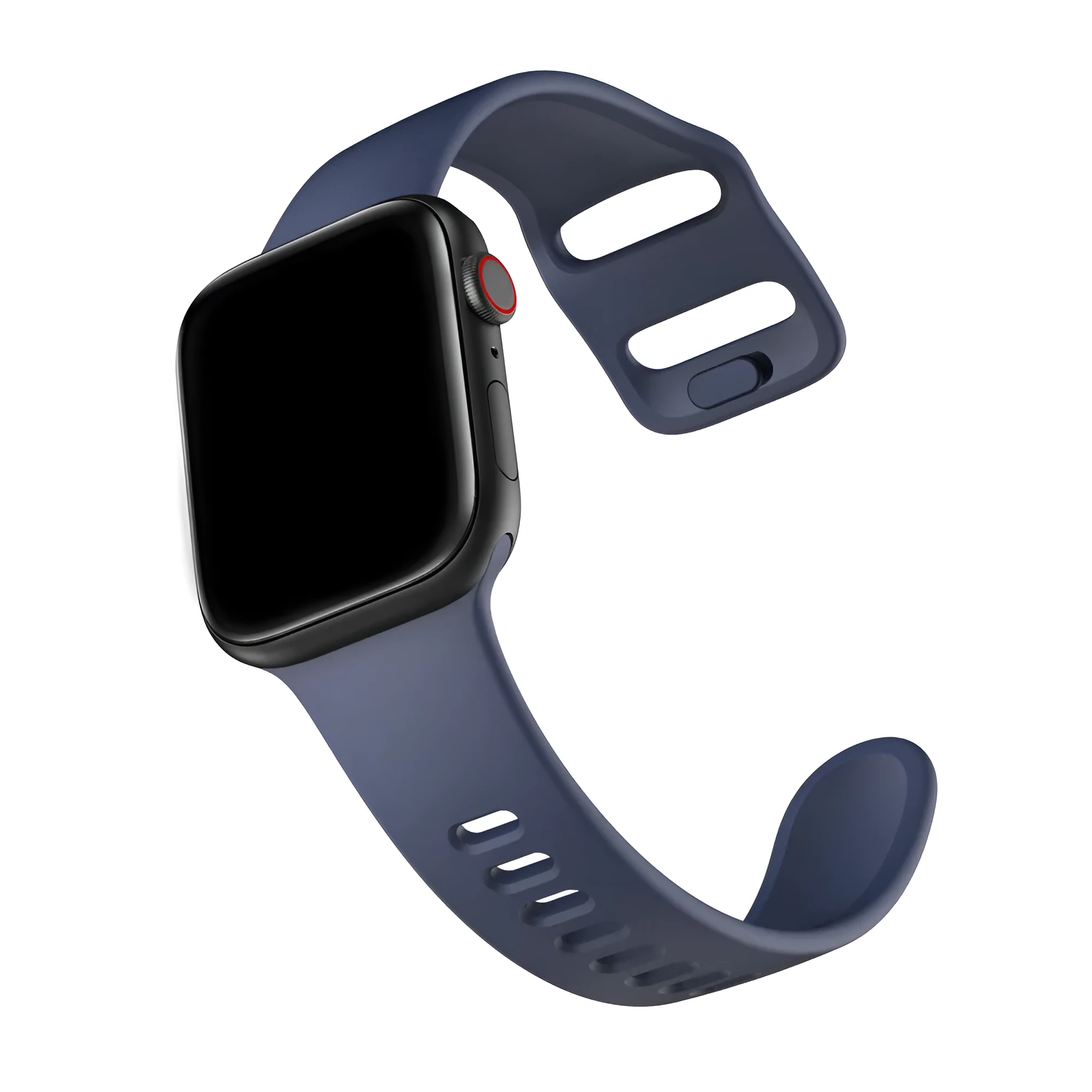 Liquid silicone Apple Watch strap in solid colour, compatible with 38mm to 44mm models, black band shown