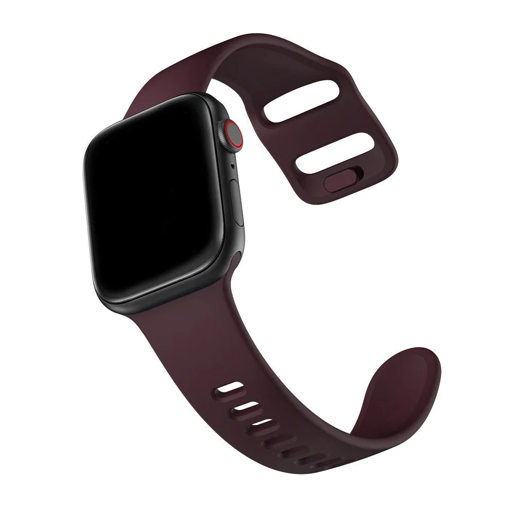 Liquid silicone Apple Watch strap in solid colour, compatible with 38mm to 44mm models, black band shown