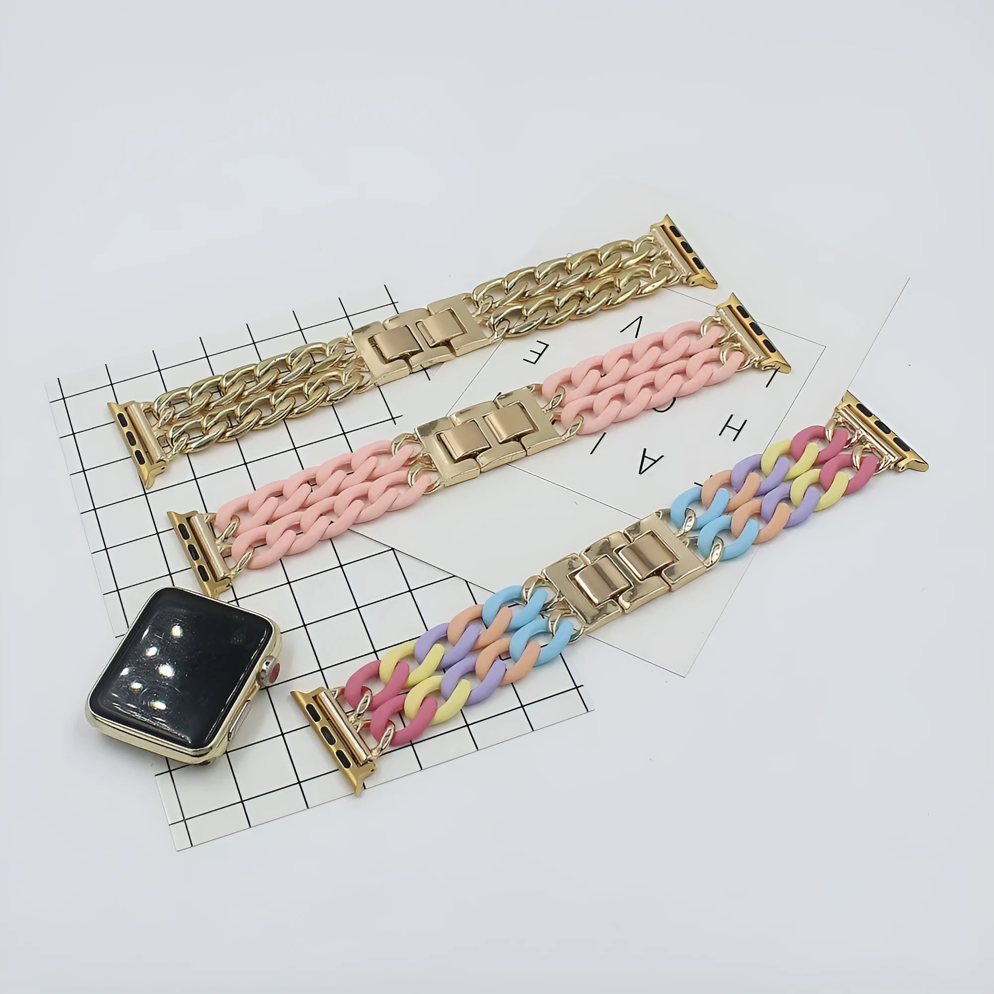 Resin splicing metal denim chain watch strap in multiple colours for 38mm 42mm smartwatches