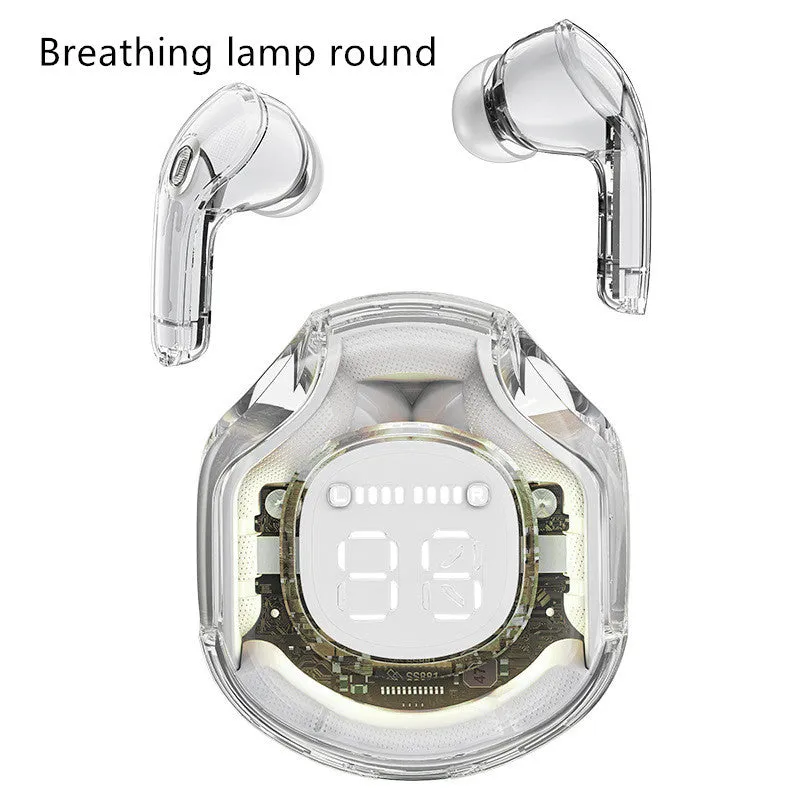 White wireless Bluetooth in-ear headset on a transparent background showing optional breathing light.