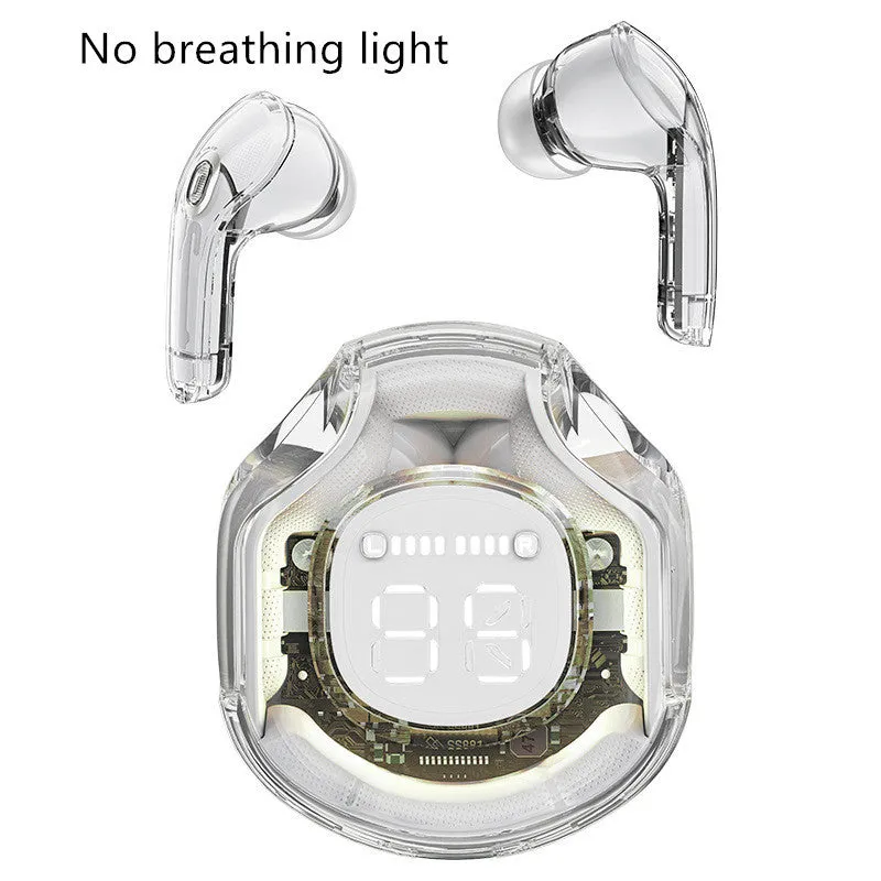 White wireless Bluetooth in-ear headset on a transparent background showing optional breathing light.