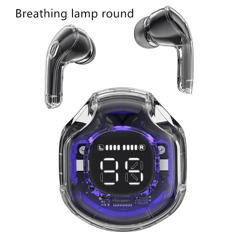 White wireless Bluetooth in-ear headset on a transparent background showing optional breathing light.