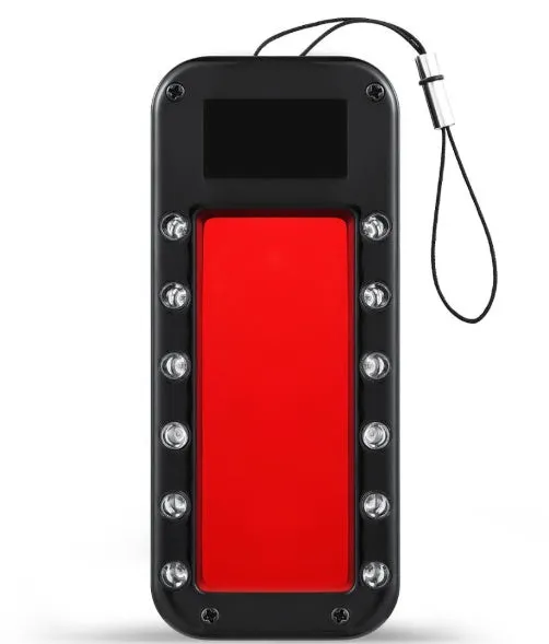 Small red handheld reverse camera detector with scanner for finding hidden surveillance lenses.