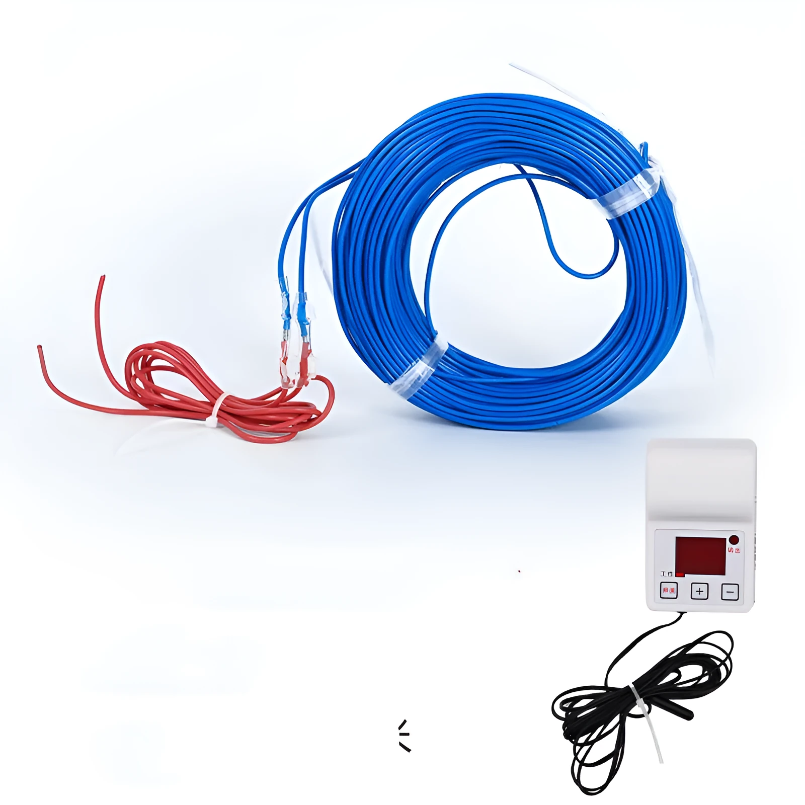 Roll of air heating cable for greenhouse space with multiple length and voltage options including thermostat models