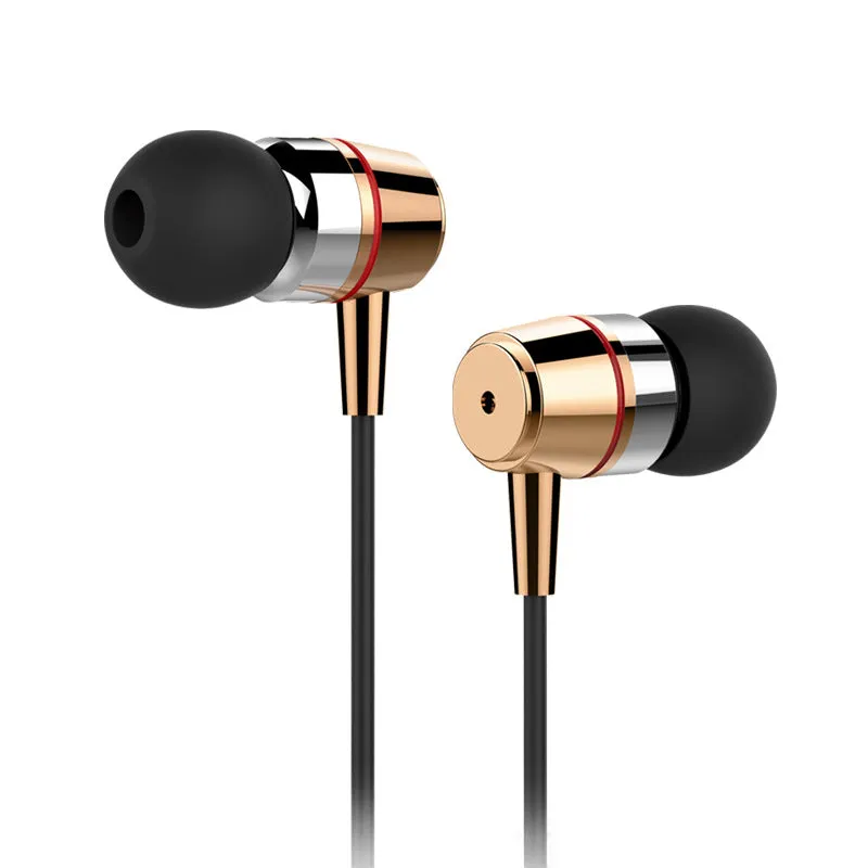 Metal in-ear earphones with silicone earplugs and 1.2m wire in black, gold, red, and white