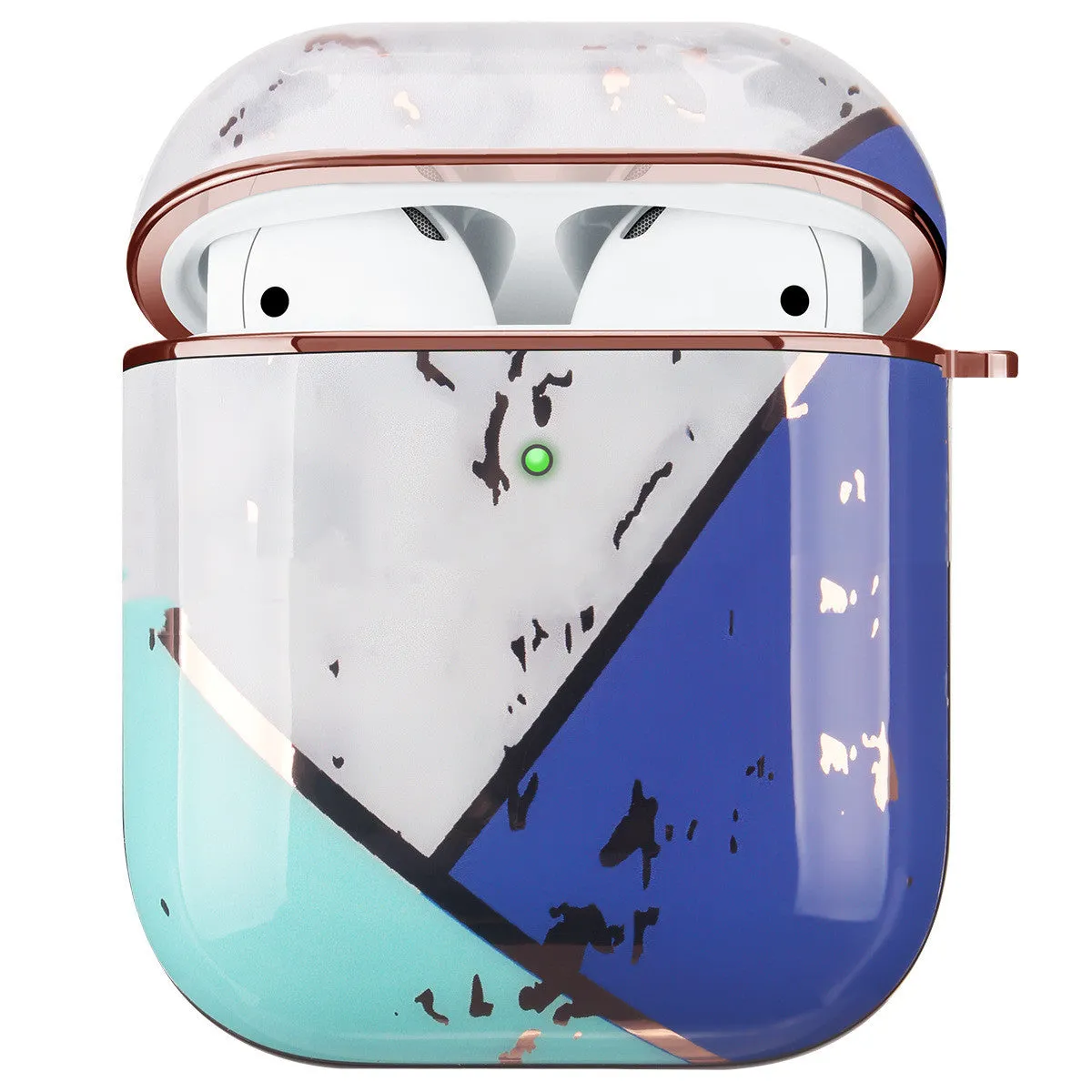 Gold electroplating hard shell white marble AirPods protective case with carabiner on a light background