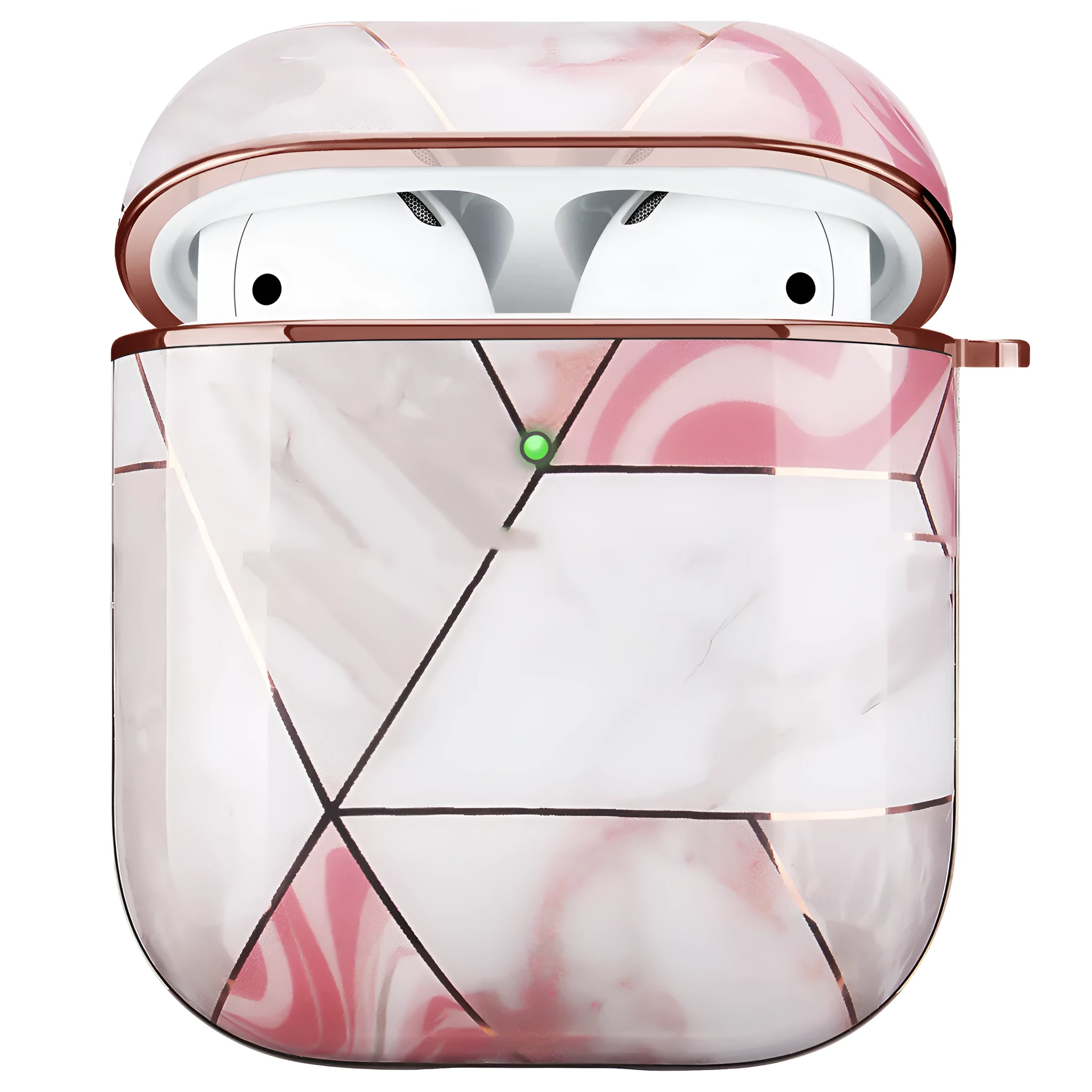 Gold electroplating hard shell white marble AirPods protective case with carabiner on a light background