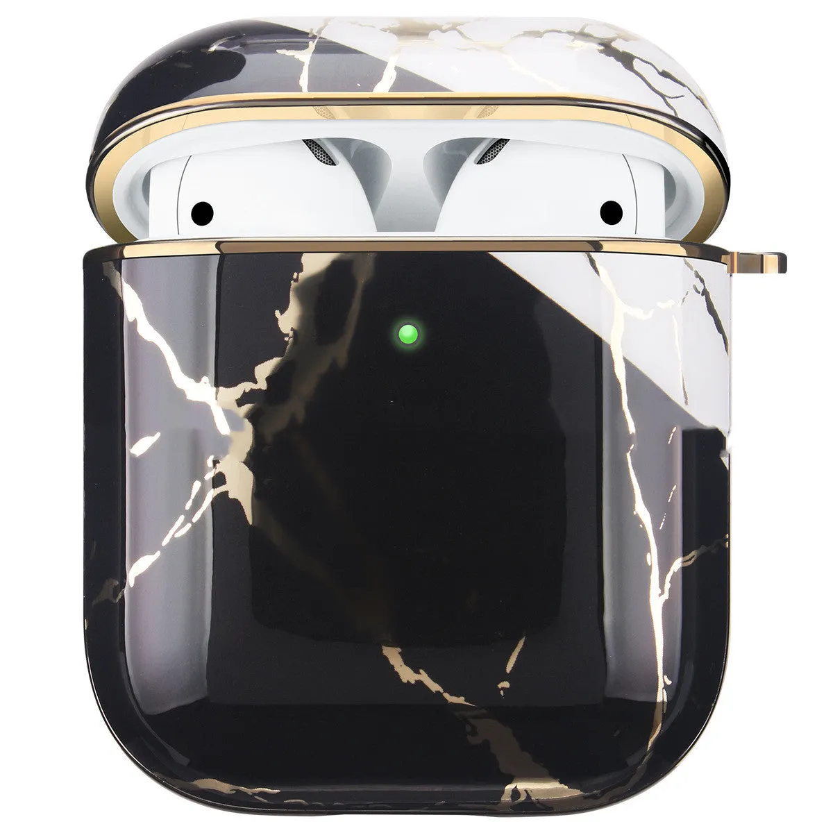 Gold electroplating hard shell white marble AirPods protective case with carabiner on a light background