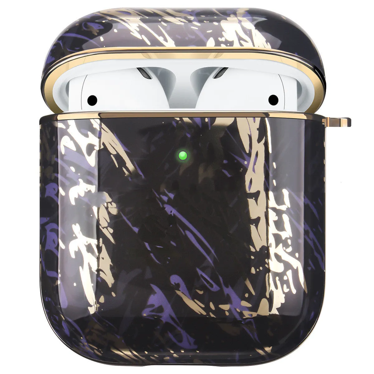 Gold electroplating hard shell white marble AirPods protective case with carabiner on a light background