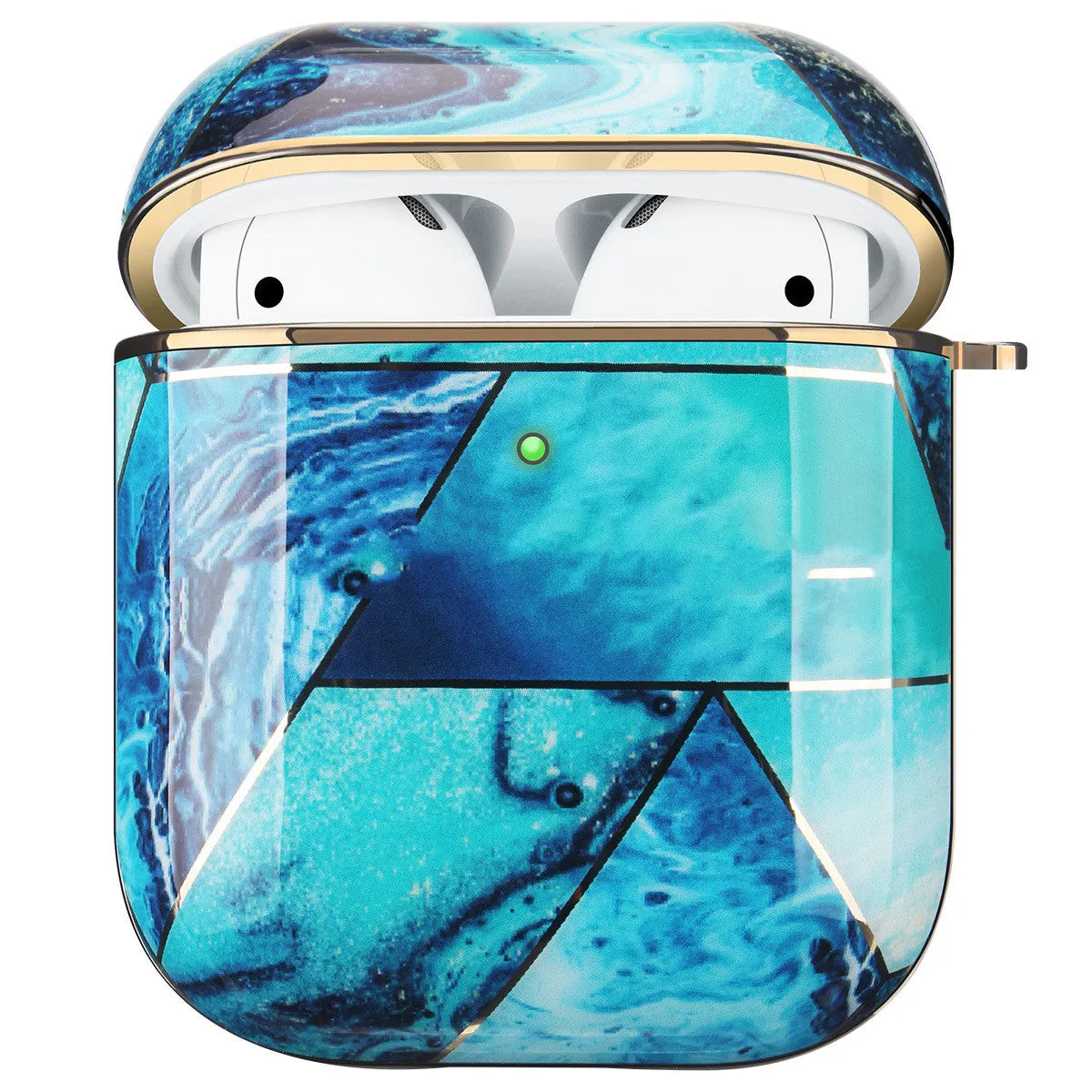 Gold electroplating hard shell white marble AirPods protective case with carabiner on a light background