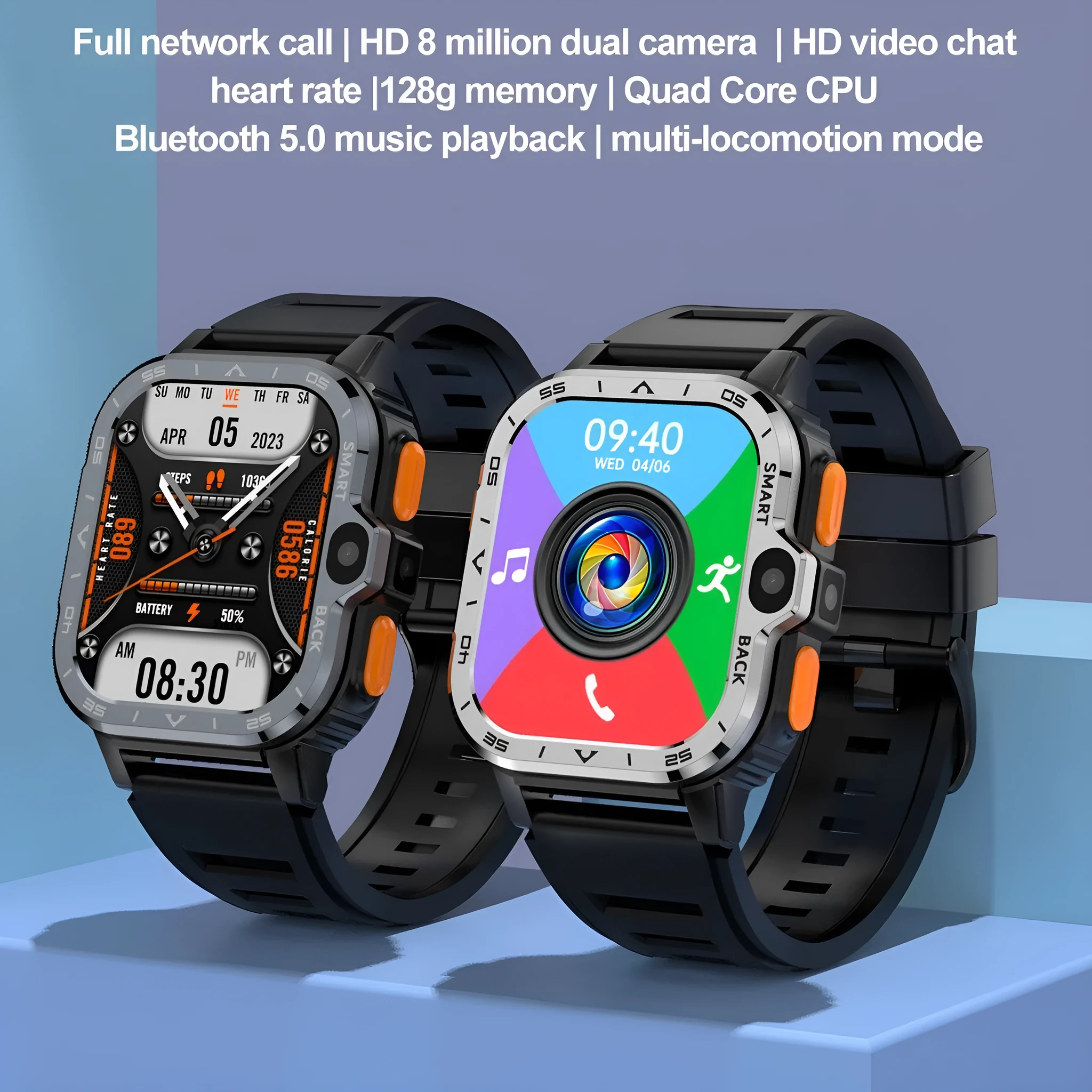 Black or silver Android smart watch with touch screen, shown as a sports bracelet on a wrist.