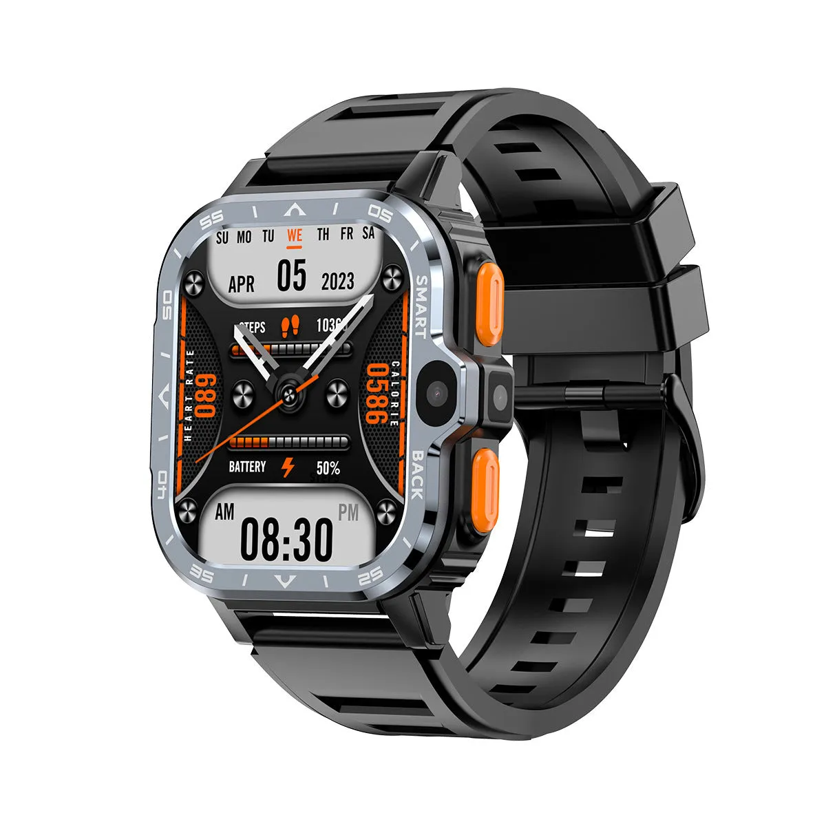 Black or silver Android smart watch with touch screen, shown as a sports bracelet on a wrist.
