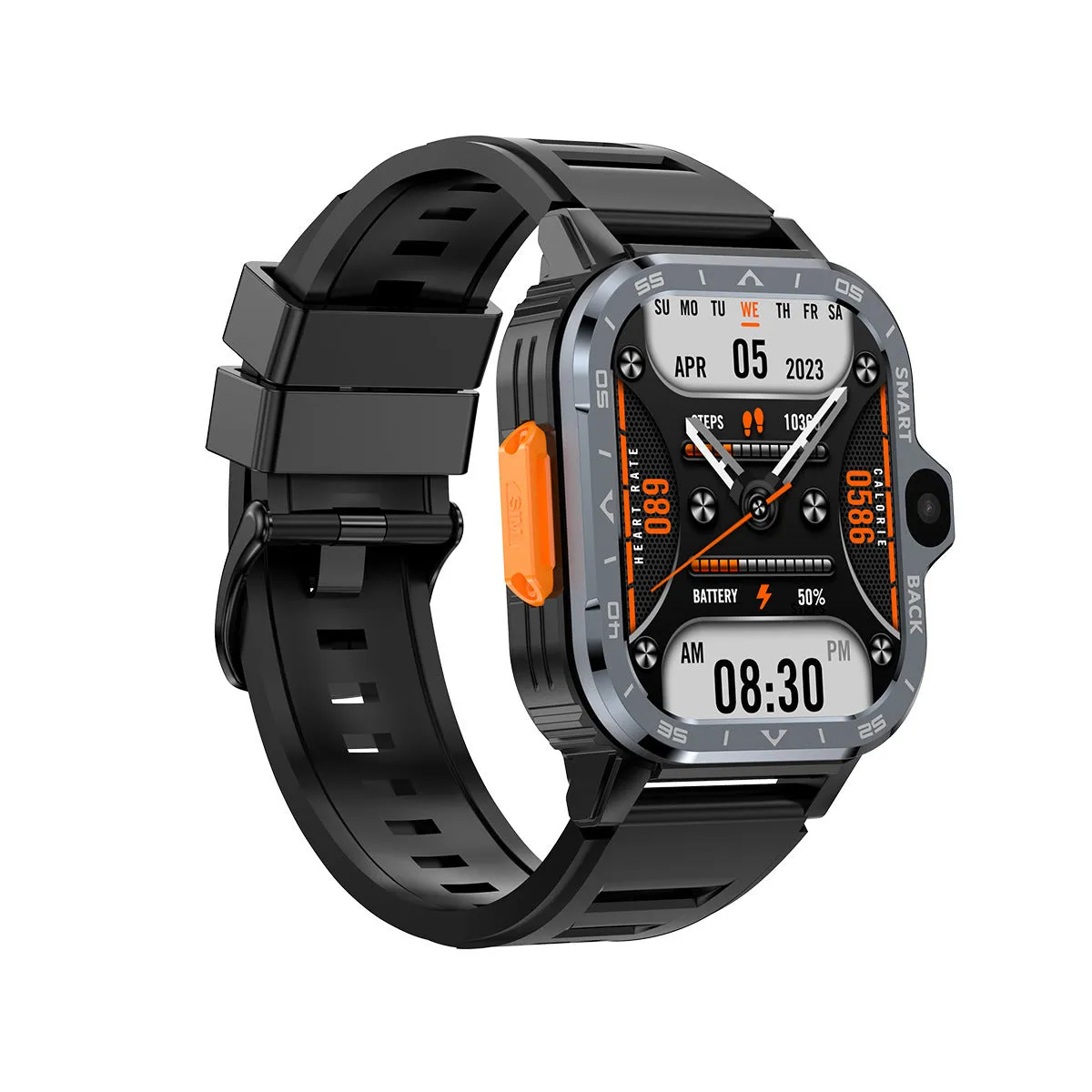 Black or silver Android smart watch with touch screen, shown as a sports bracelet on a wrist.