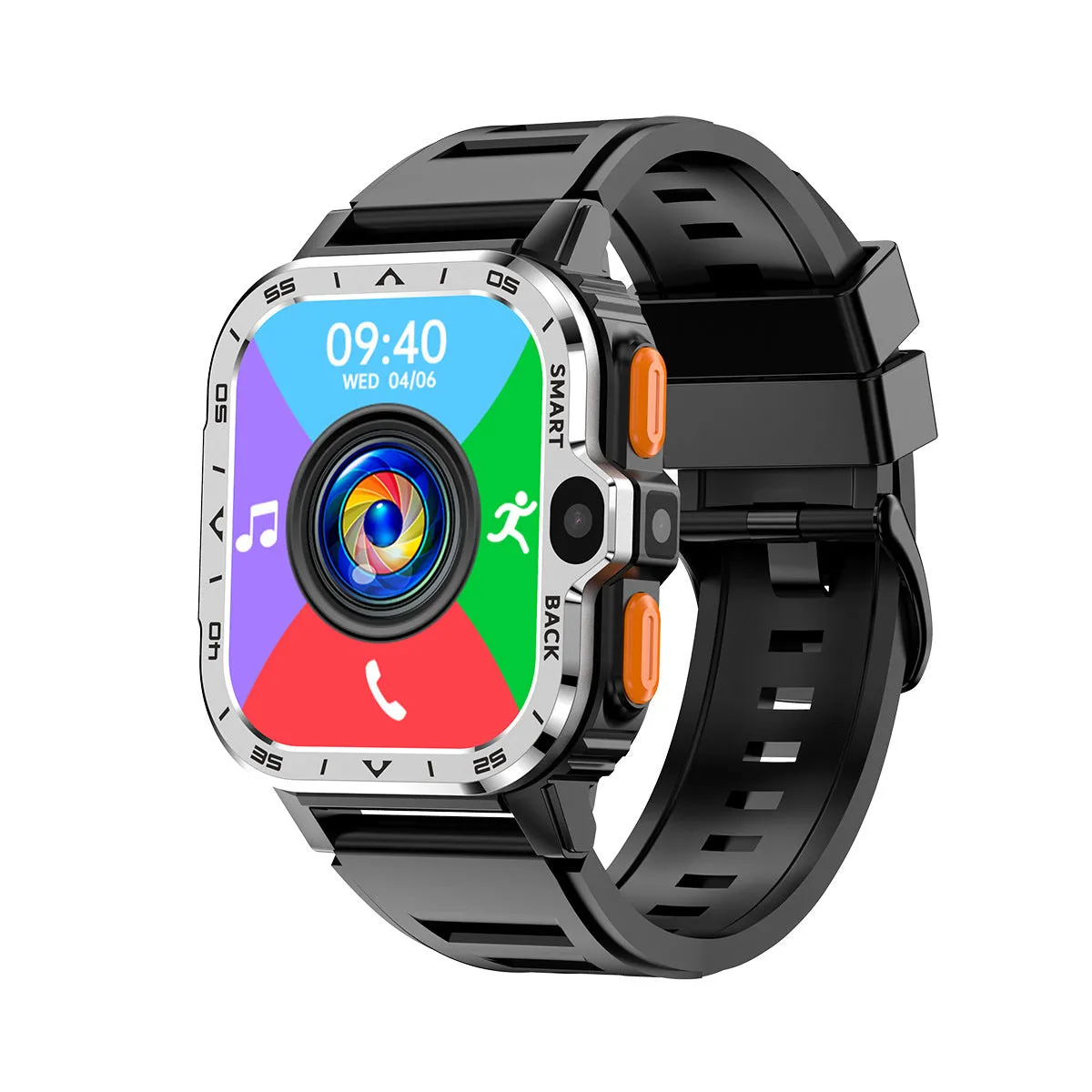 Black or silver Android smart watch with touch screen, shown as a sports bracelet on a wrist.